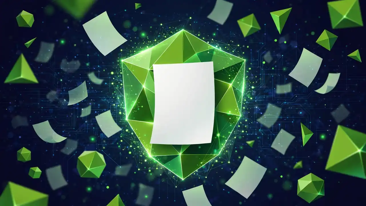 Abstract 3D illustration of a glowing shield guarding a single page shape, in deep navy and green