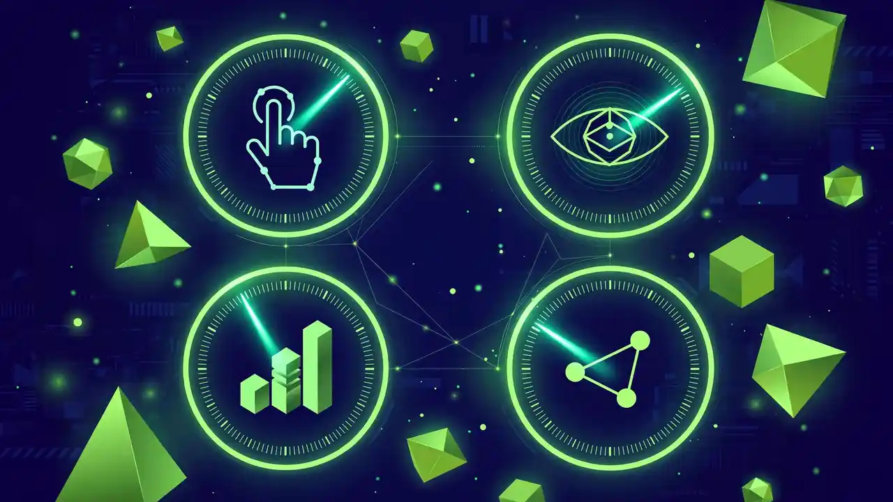 Abstract illustration of four glowing metric dials for clicks, impressions, and rankings on a deep navy background.