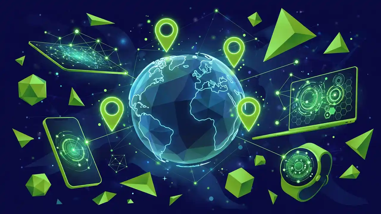Abstract illustration of a globe with location pins and device screens on a deep navy background.