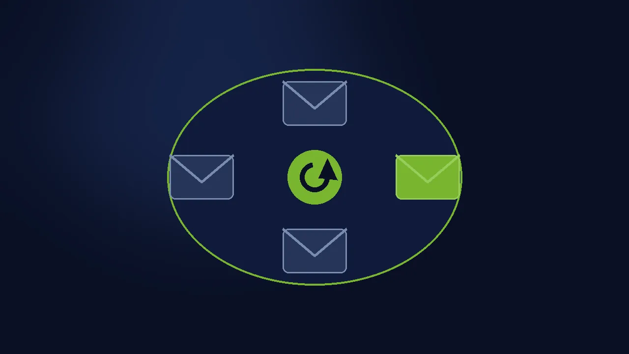Abstract illustration of a circular retry arrow with a checkmark on a navy background.