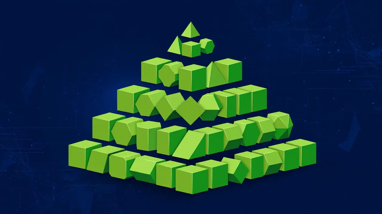 Abstract 3D illustration of a layered pyramid of descending geometric blocks representing heading hierarchy.