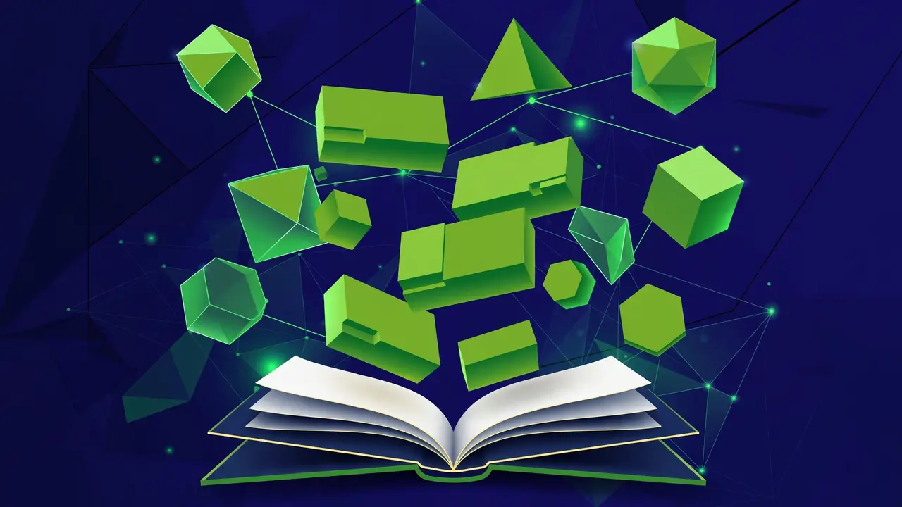 Abstract 3D illustration of an open book with chapter blocks floating above it.
