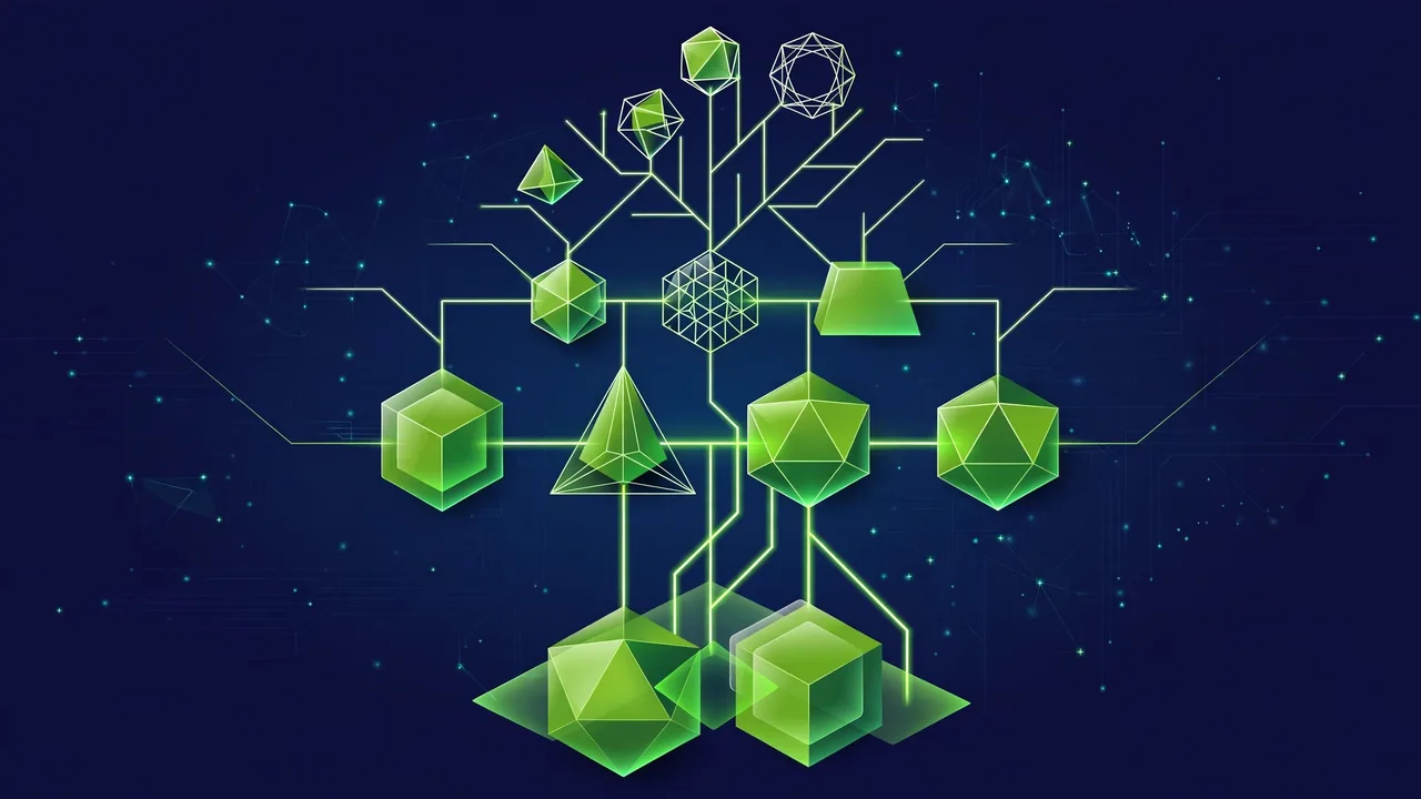 Abstract 3D illustration of stacked geometric levels connected by glowing lines forming an outline tree.
