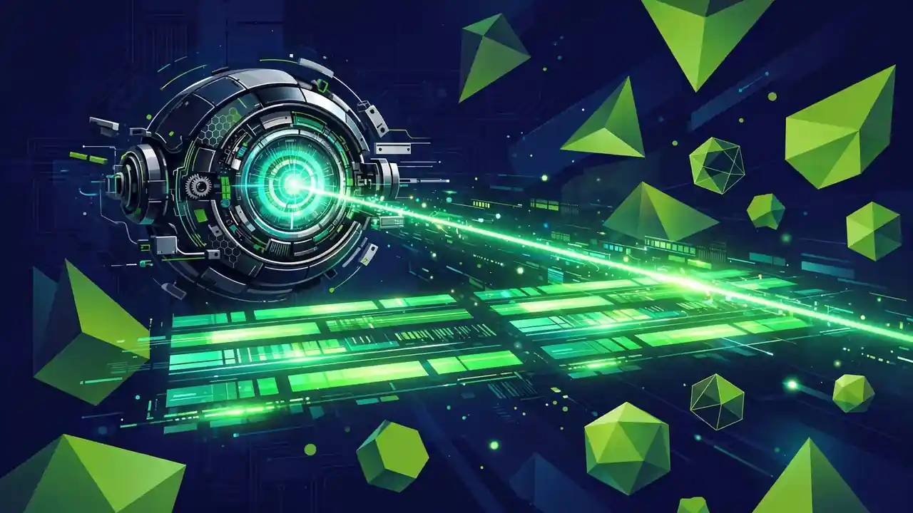 Abstract 3D illustration of a robotic eye scanning glowing heading bars.