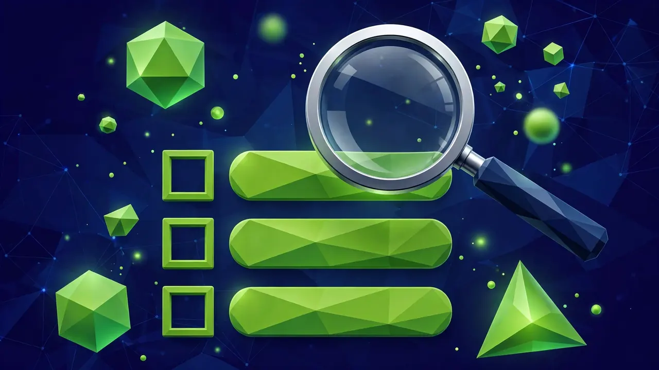 Abstract 3D illustration of a magnifying glass over a checklist of geometric heading bars.