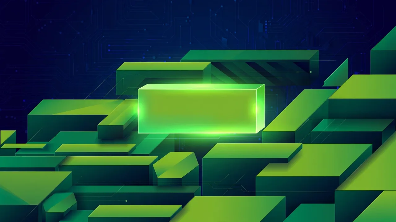 Abstract illustration of a full-width cover hero banner made of layered geometric blocks with one glowing green call-to-action block at the center.
