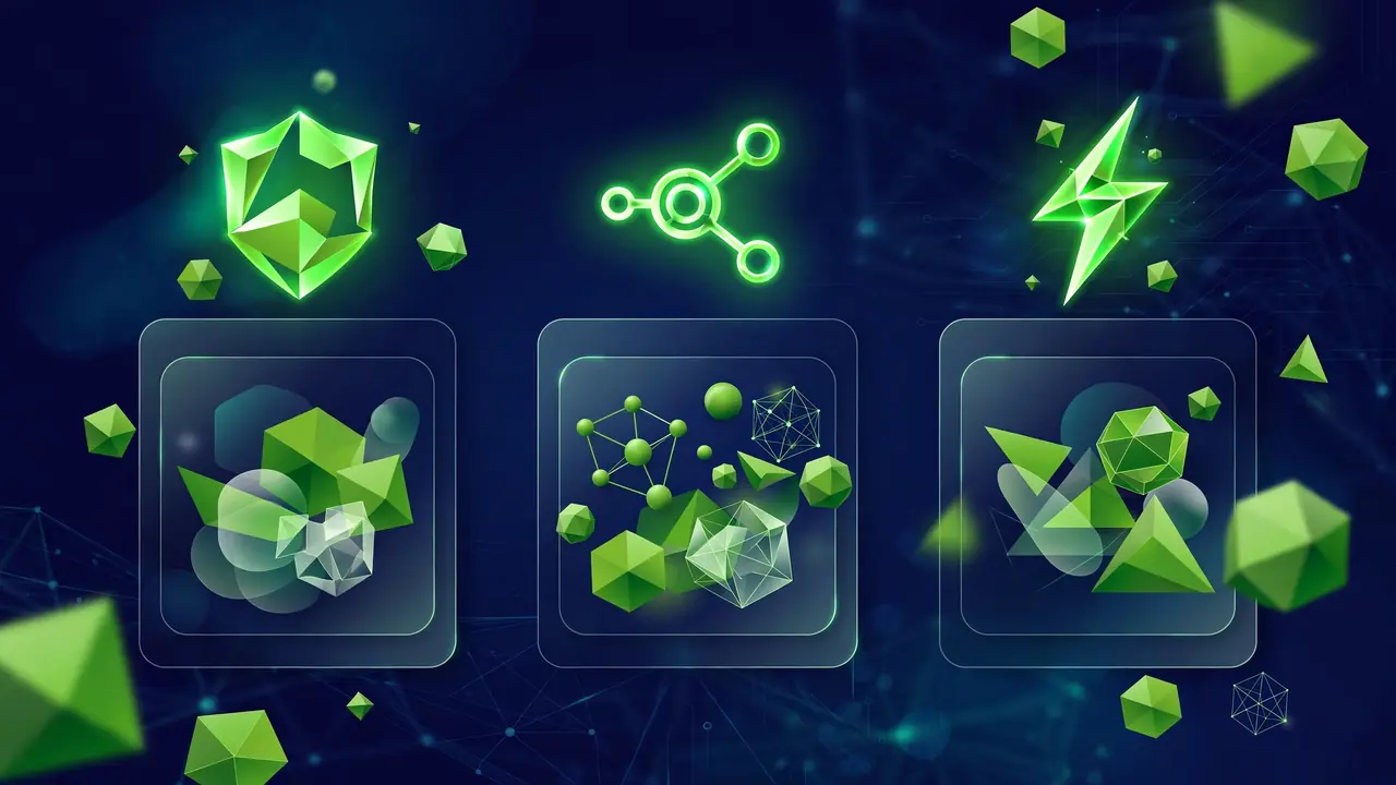 Abstract illustration of three feature cards in columns with glowing icons above them, arranged side by side.