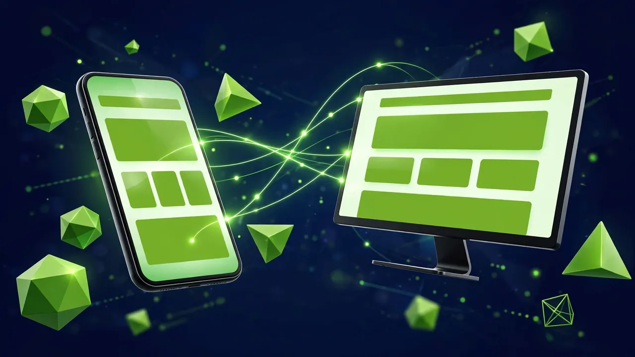 Abstract illustration of a smartphone displaying a landing page layout floating next to a desktop monitor showing the same page, connected by glowing lines.