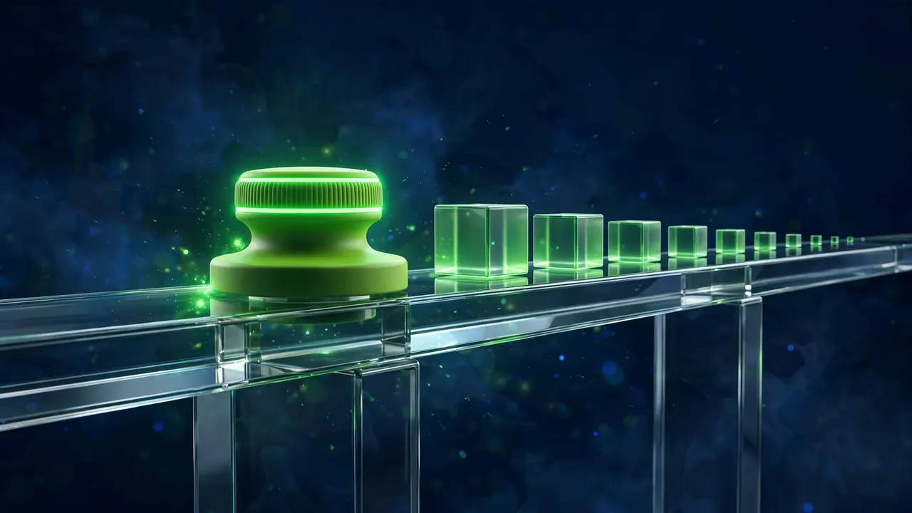 Abstract 3D illustration of glowing green glass cubes shrinking from large to tiny in a row, representing bulk image compression for WordPress.