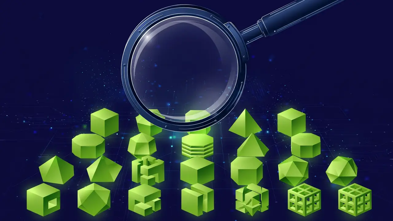 Abstract 3D illustration of a magnifying glass over a grid of data blocks, in deep navy and green