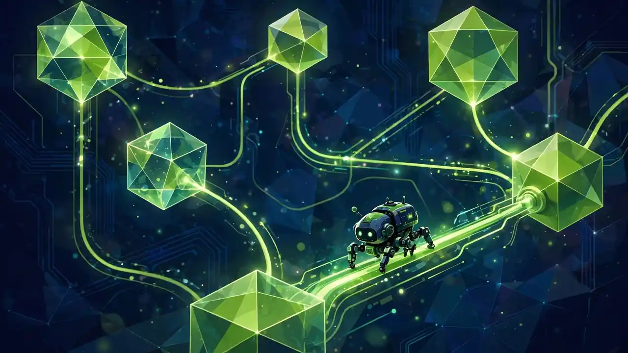 Abstract 3D illustration of a crawler bot moving between glowing network nodes, in deep navy and green