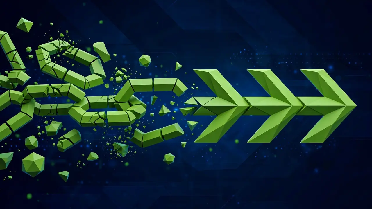 Abstract 3D illustration of broken links transforming into solid redirect arrows, in deep navy and green