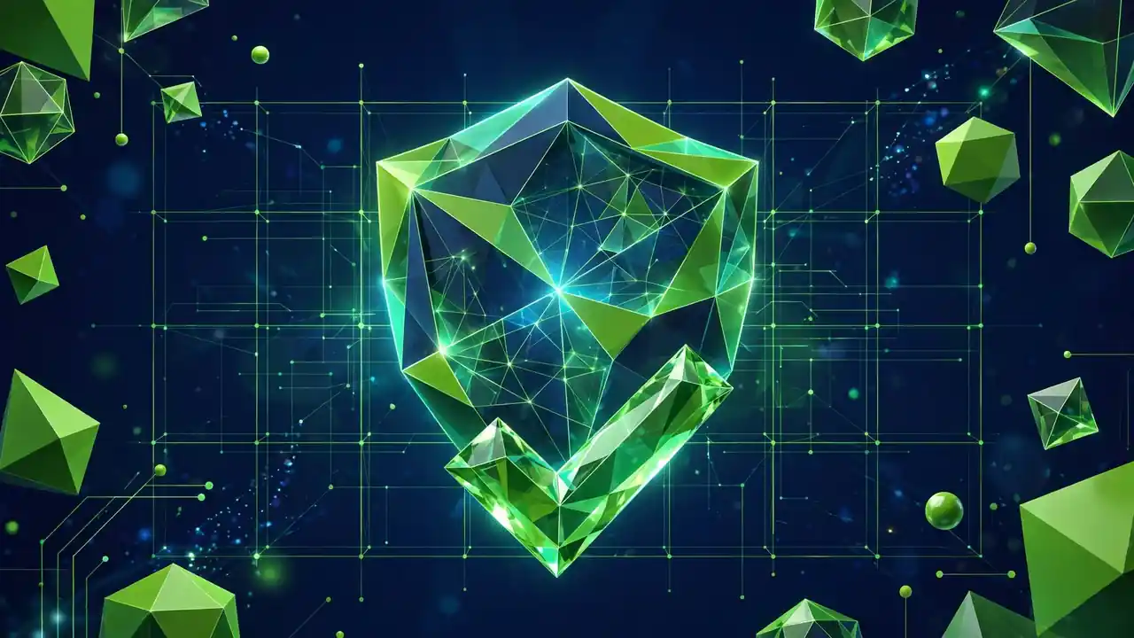 Abstract 3D illustration of a glowing shield with a checkmark over a checklist grid, in deep navy and green