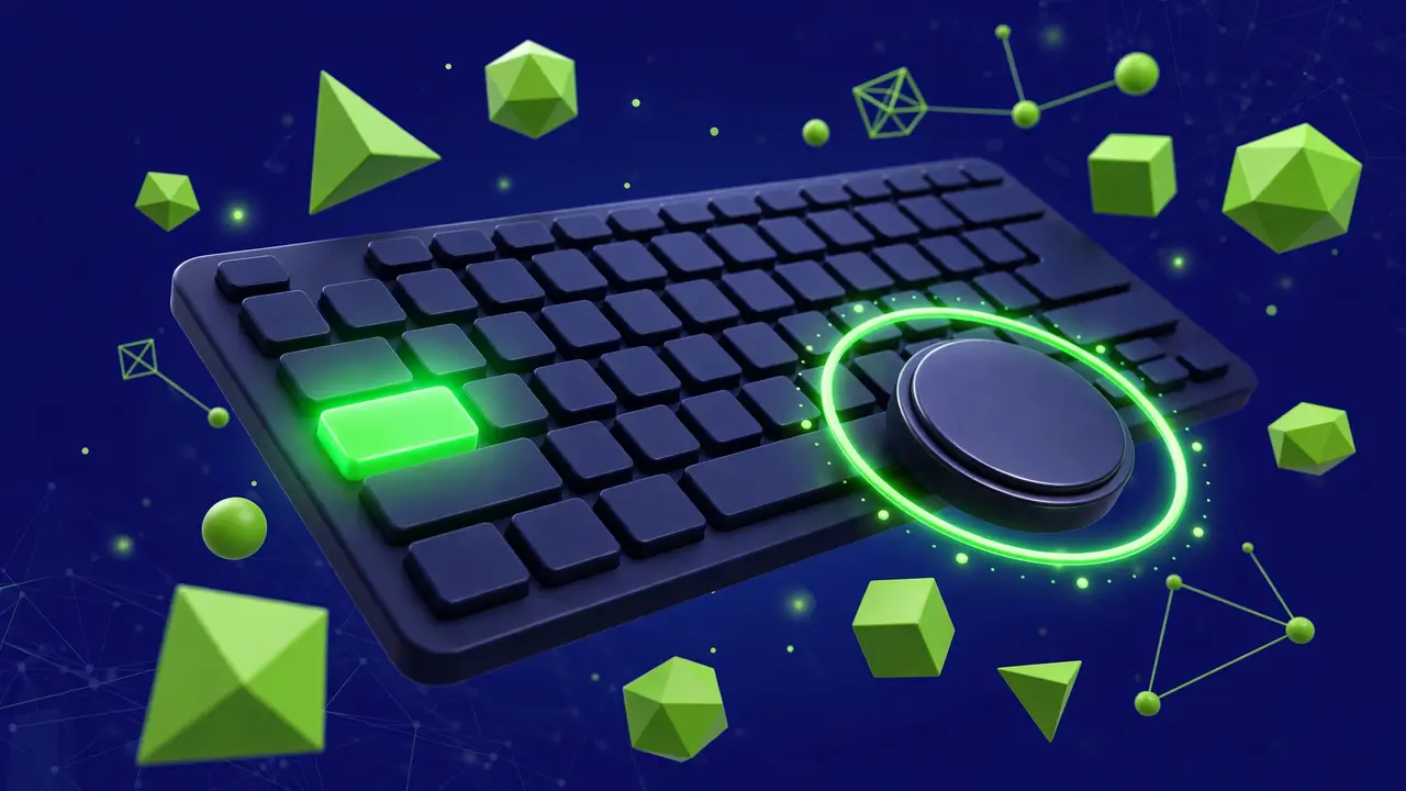 Abstract illustration of a keyboard with a glowing Tab key and a luminous cursor ring around a button, on a deep navy background with green geometric shapes.