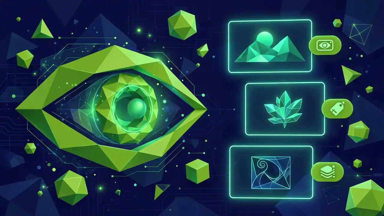 Abstract illustration of an eye looking at glowing image frames with description badges, representing image alt text, on a deep navy background with green shapes.