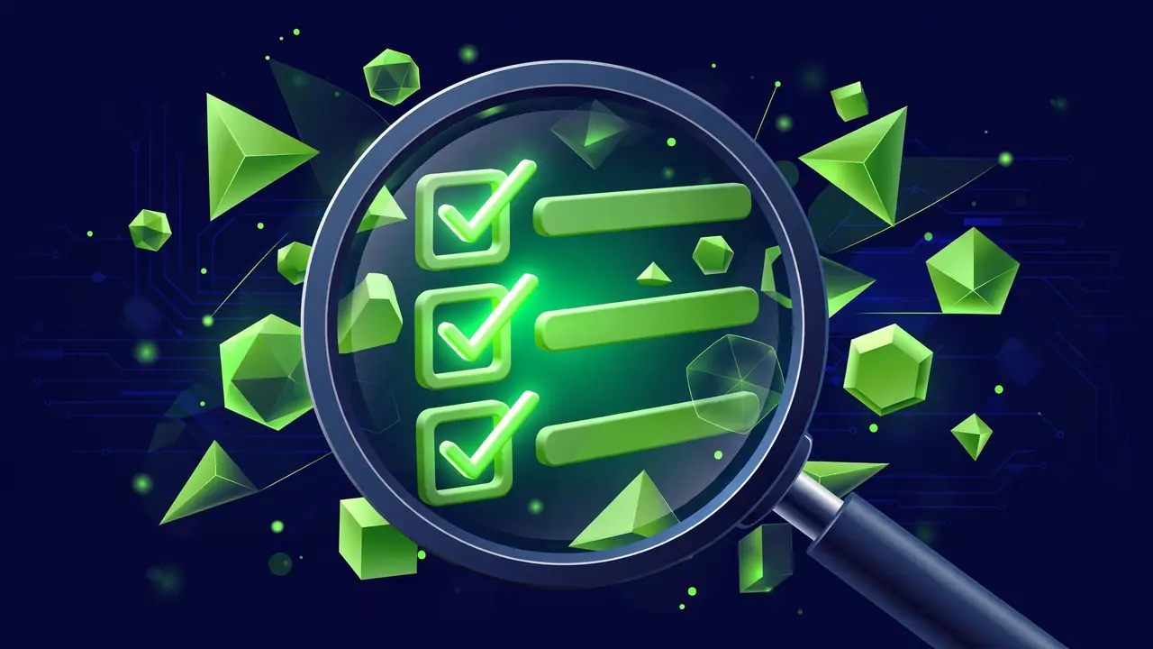 Abstract illustration of a checklist with green checkmarks under a magnifying glass, representing accessibility auditing, on a deep navy background with green shapes.