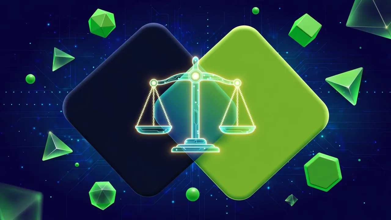 Abstract illustration of two contrasting color swatches with a glowing balance scale between them, on a deep navy background with green shapes.