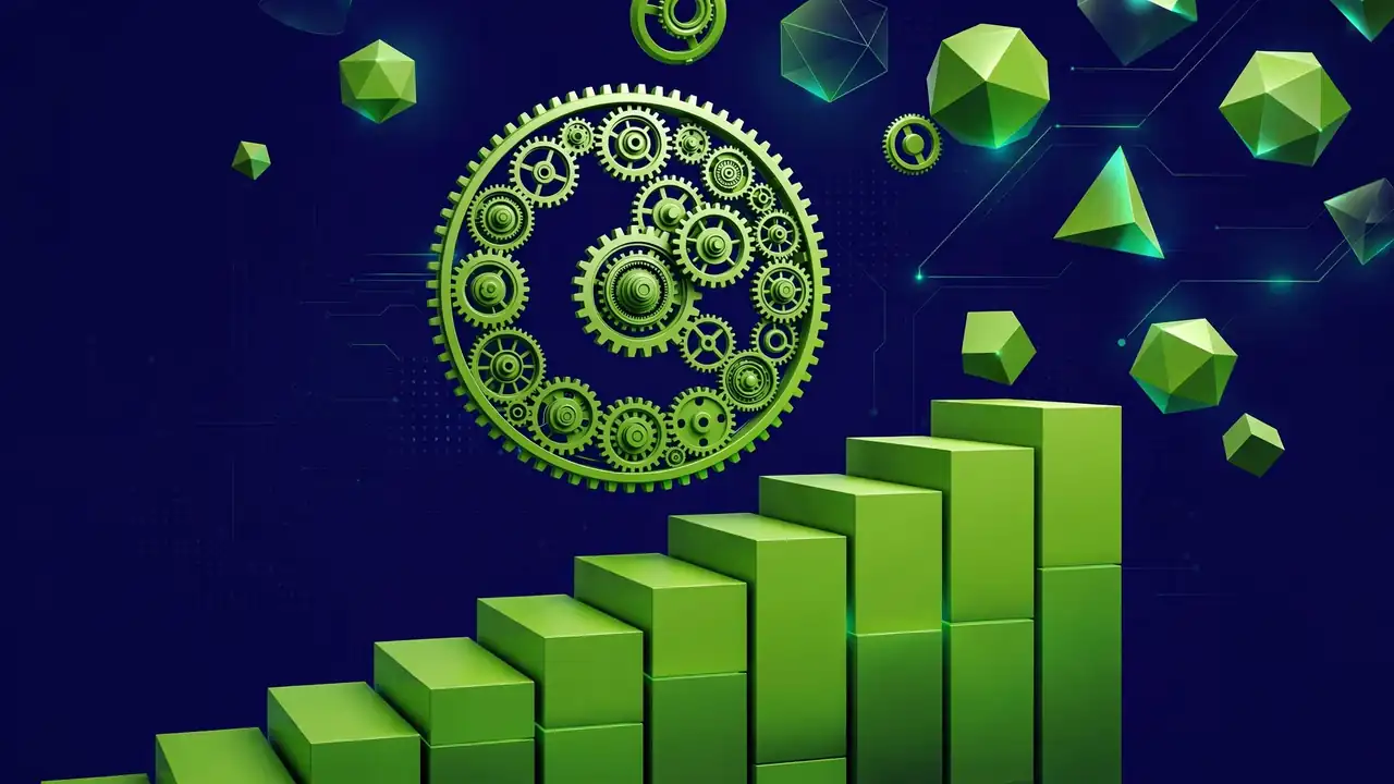Abstract illustration of a database cylinder with orbiting backup rings and floating data cubes on a navy background