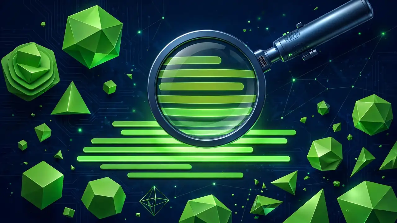 Abstract 3D illustration of a magnifying glass examining glowing headline bars on a deep navy background.