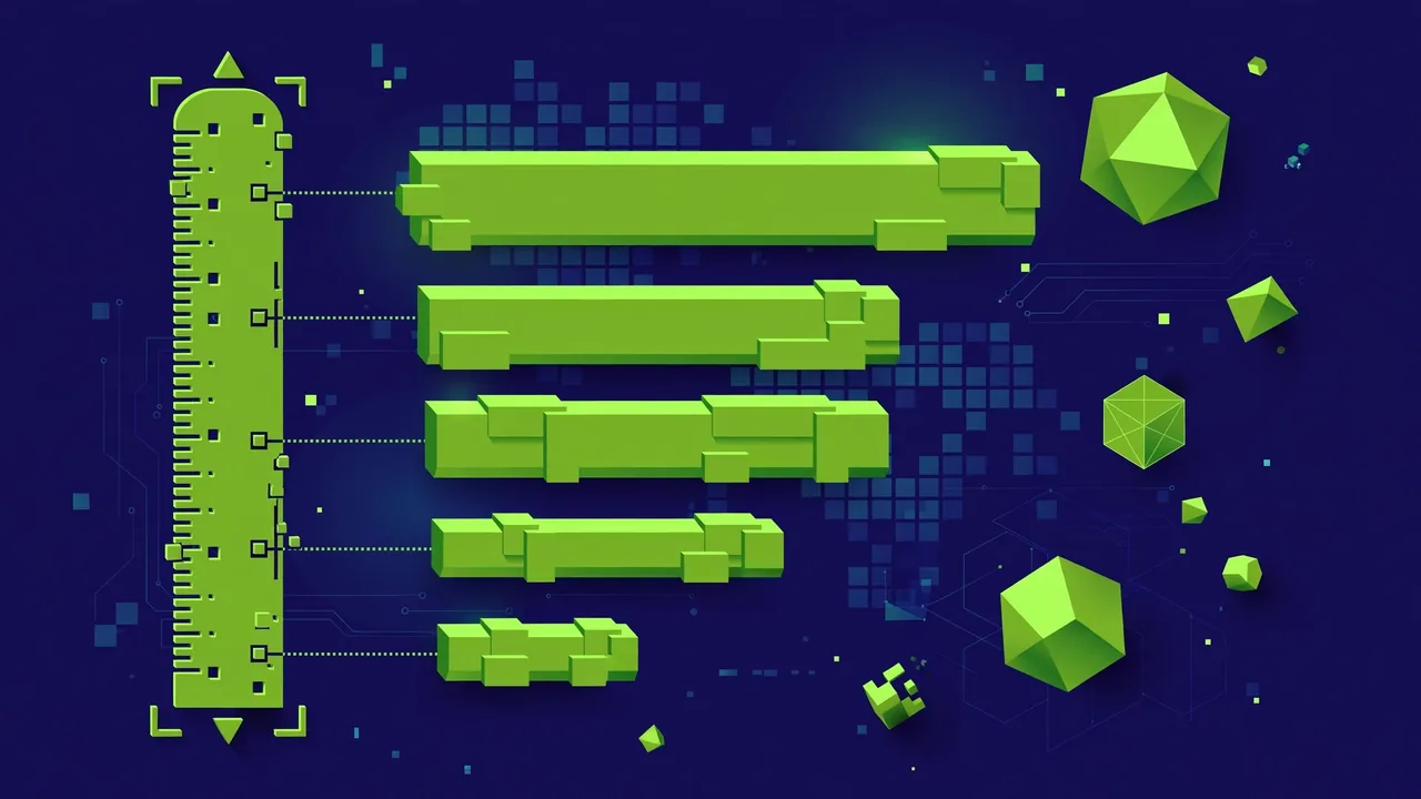 Abstract 3D illustration of a pixel ruler measuring geometric headline bars of different widths.