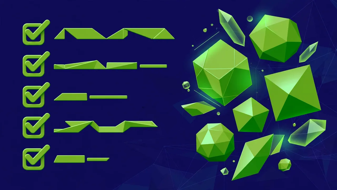 Abstract 3D illustration of a checklist with checkmarks beside geometric text lines.