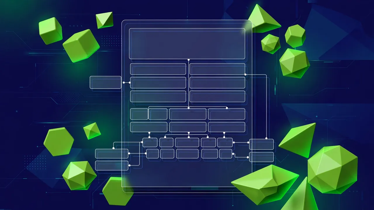 Abstract 3D illustration of a well-structured freelance proposal document with clear sections on a deep navy background.