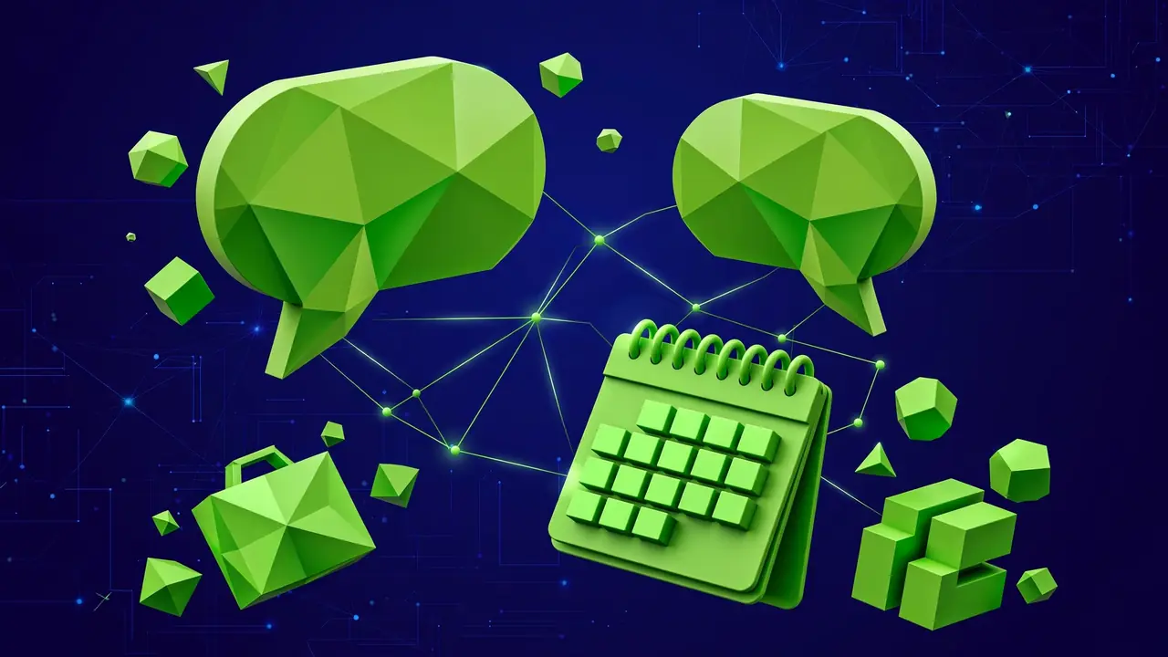 Abstract illustration of a friendly follow-up conversation between a freelancer and a client on a deep navy background.