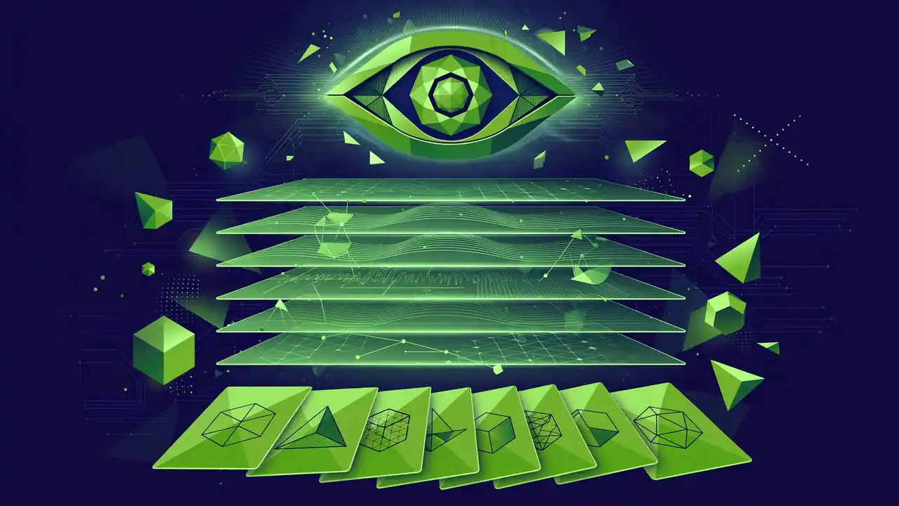 Abstract 3D illustration of stacked signal layers with an eye reading geometric cards.