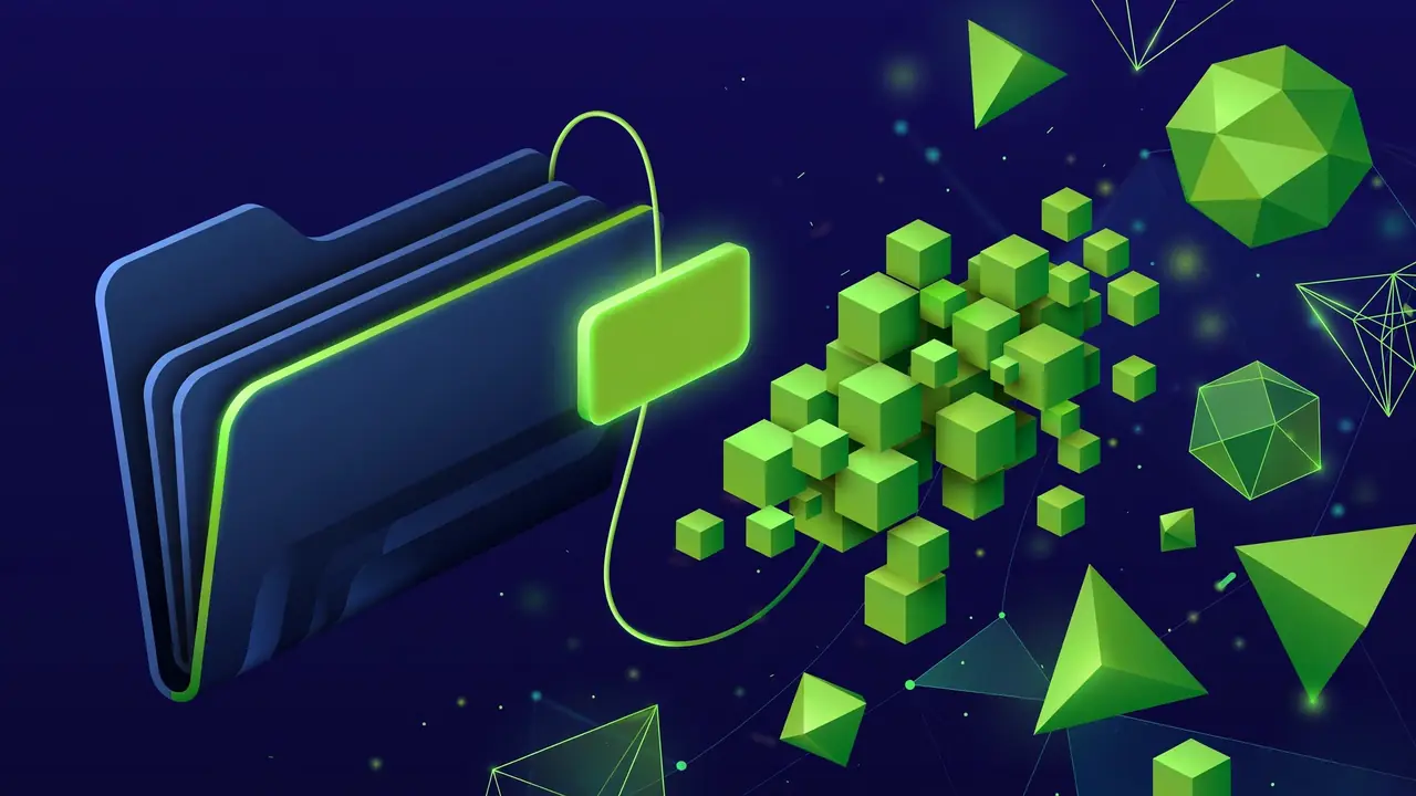Abstract 3D illustration of a file folder with a glowing label tag beside pixel cubes.