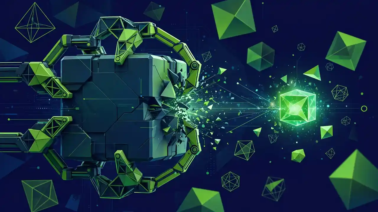 Abstract 3D illustration of a large cube being compressed into a small glowing cube.
