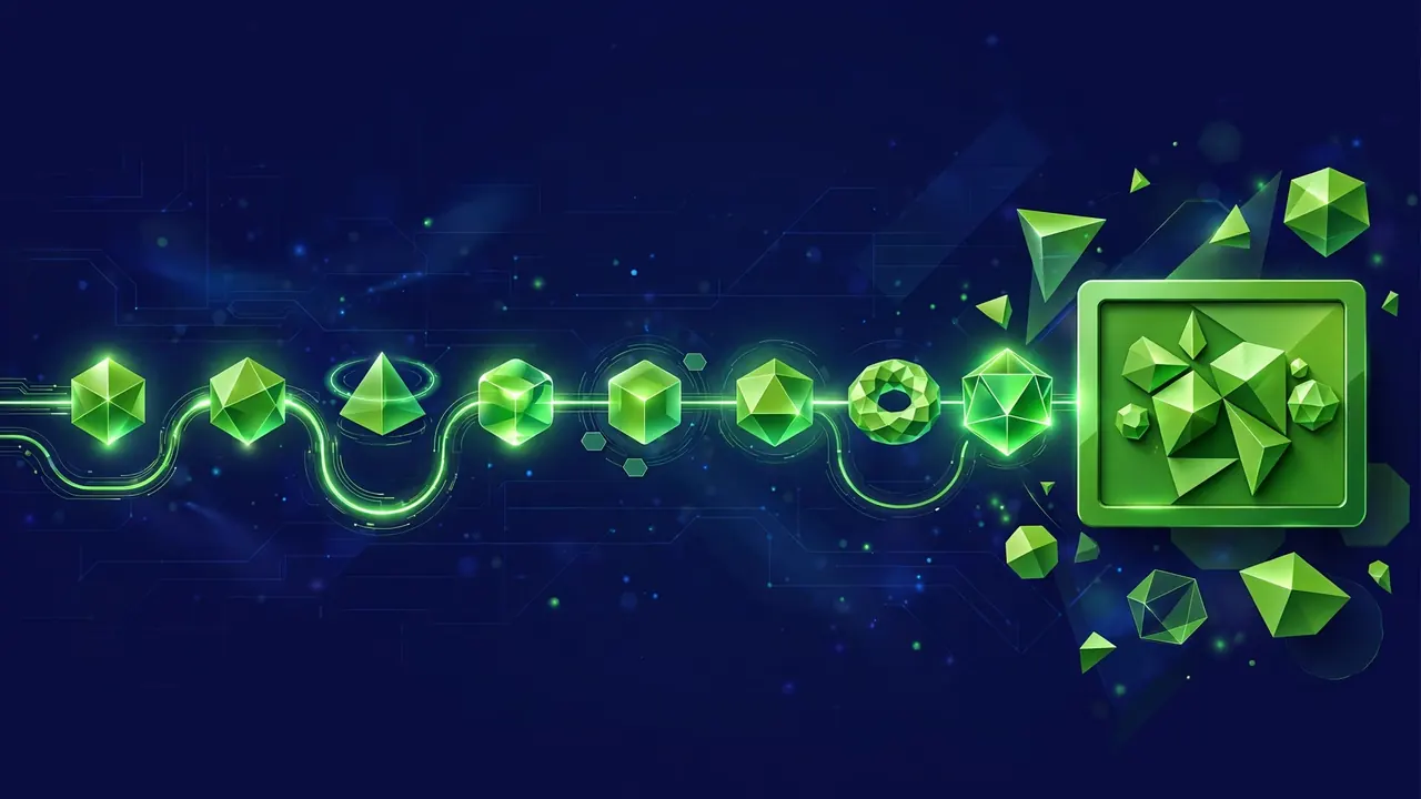 Abstract 3D illustration of a workflow pipeline with glowing checkpoints leading to a finished photo.