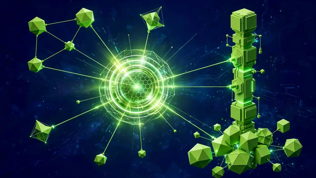 Abstract 3D illustration of a central glowing hub with spokes connecting to smaller nodes.
