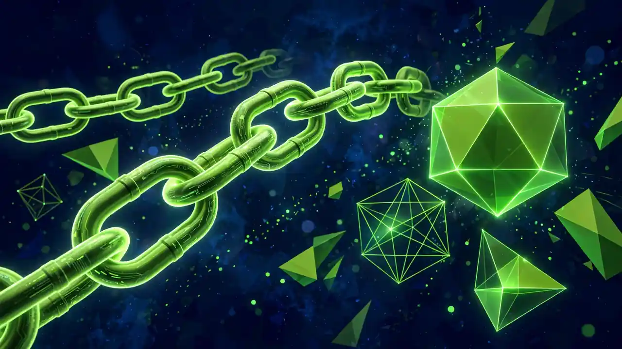 Abstract 3D illustration of glowing anchor chain links floating in deep navy space.