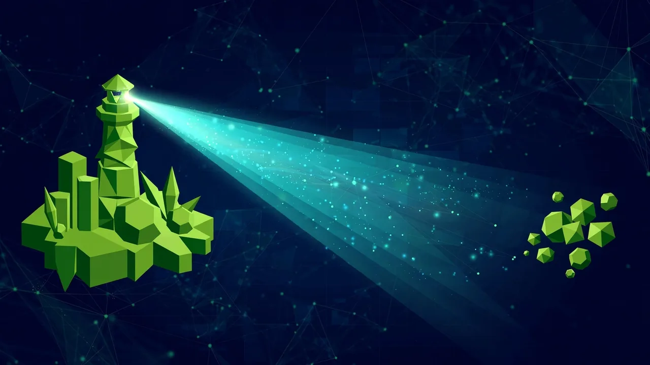 Abstract 3D illustration of a lighthouse beam finding an isolated island node in a dark network.