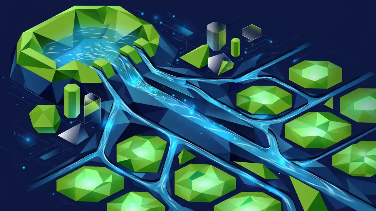 Abstract 3D illustration of water flowing through irrigation channels to glowing fields.