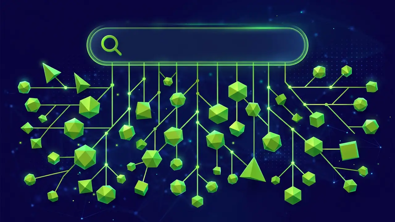 Abstract illustration of speech bubbles transforming into glowing keyword data points on a deep navy background.