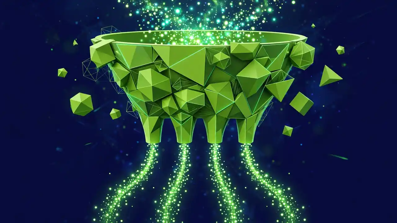 Abstract illustration of a funnel sorting glowing particles into organized streams on a deep navy background.