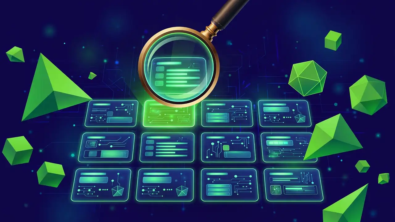Abstract illustration of a magnifying glass examining glowing search result cards on a deep navy background.