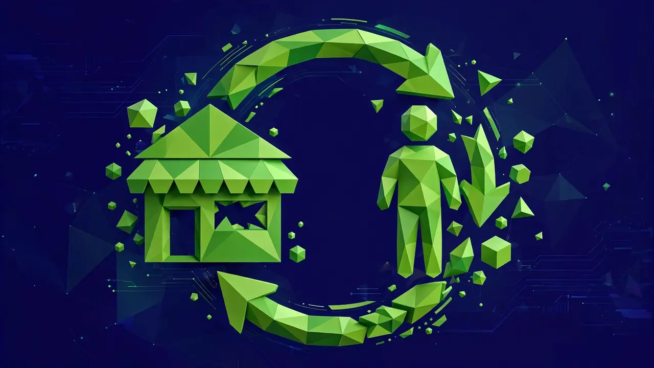 Abstract geometric illustration of gears automating repetitive workflow tasks, deep navy background with green shapes.