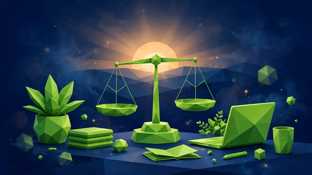 Abstract illustration of a calm balanced workspace symbolizing recovery from freelancer burnout on a deep navy background.
