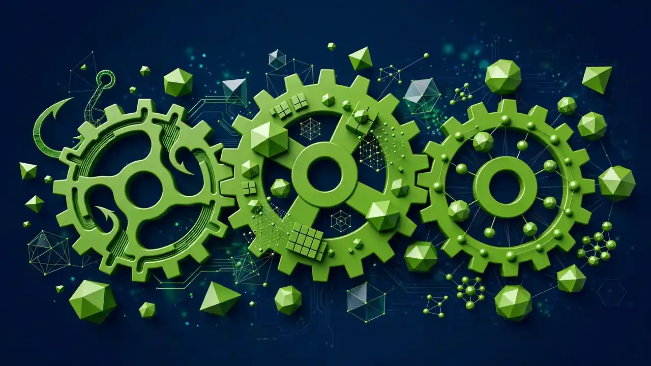 Abstract 3D illustration of three interlocking gears representing a writing framework.