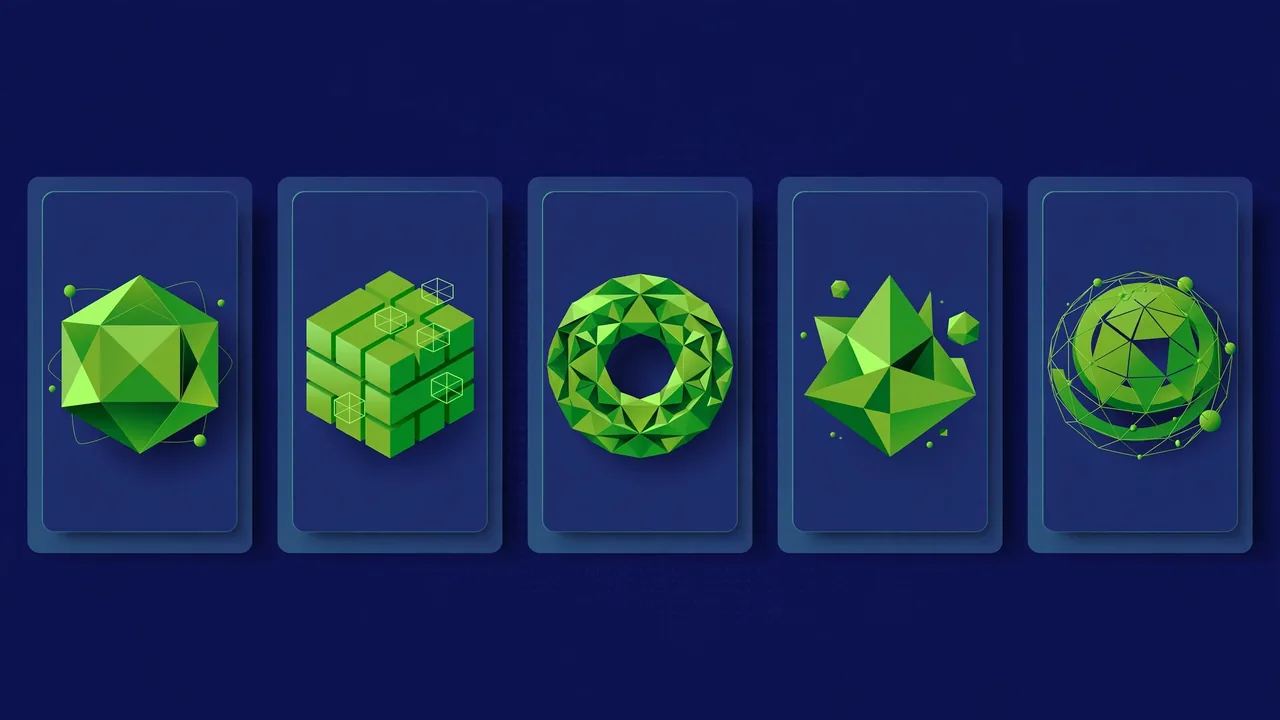 Abstract 3D illustration of five different geometric page cards arranged in a row.
