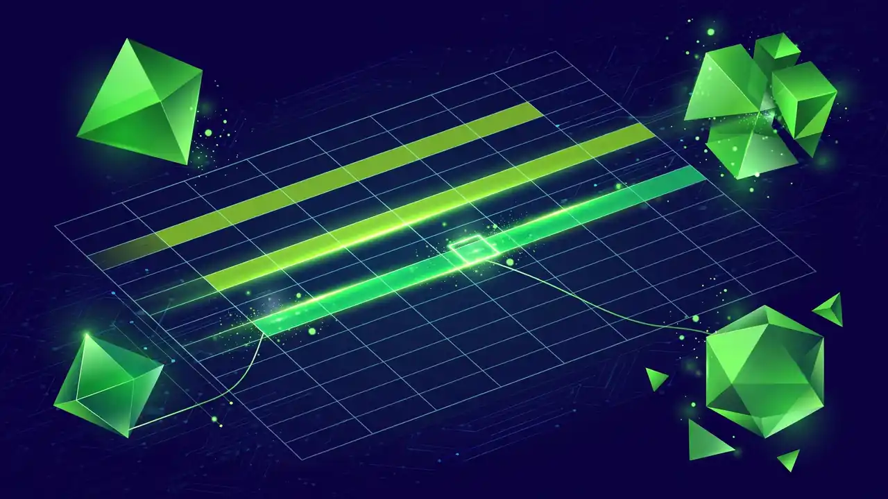 Abstract 3D illustration of a spreadsheet grid with glowing rows being edited.