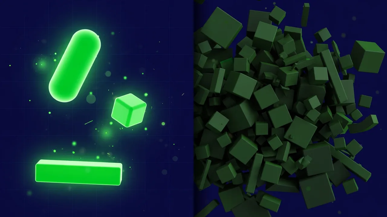 Abstract illustration of a light lean page layout made of few glowing blocks versus a heavy cluttered layout of many dim blocks, split composition.