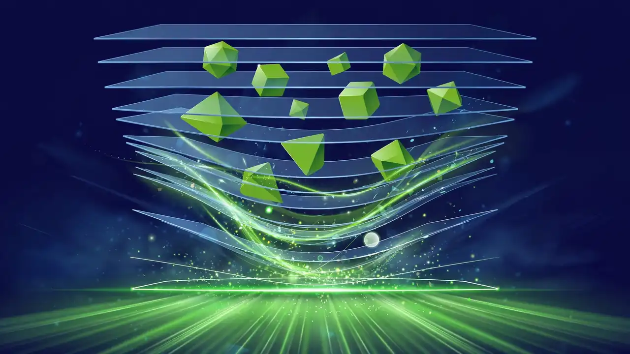 Abstract illustration of stacked image layers being compressed into one thin glowing layer with light rays.