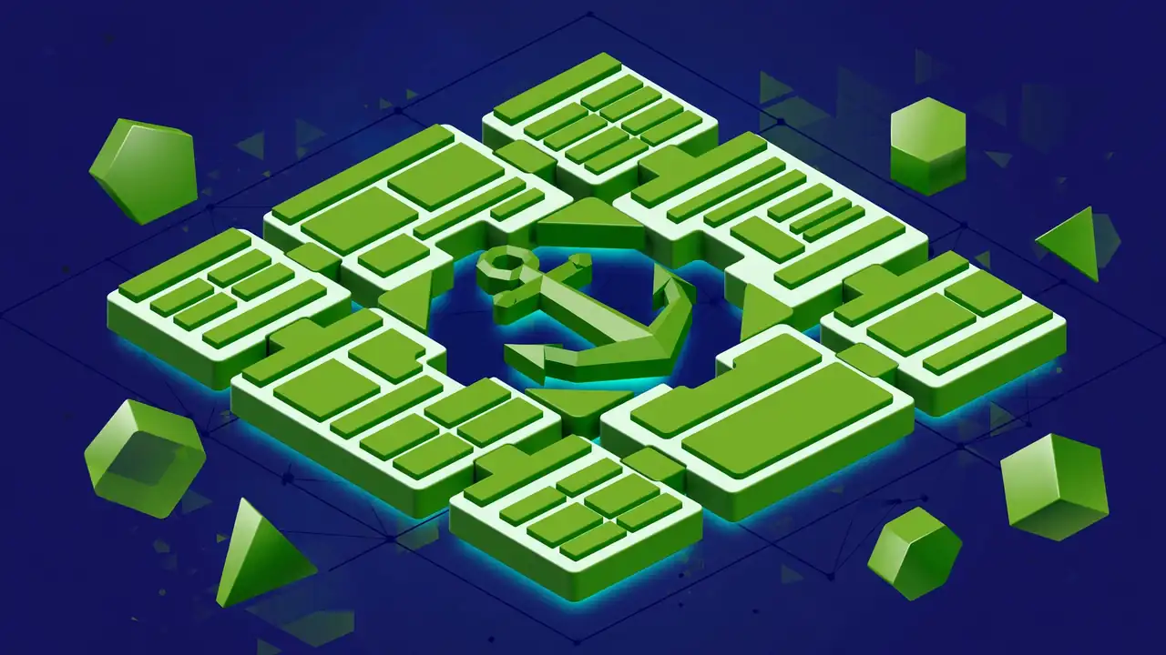 Abstract illustration of webpage blocks locking into a stable grid with an anchor symbol, no wobbling or shifting.