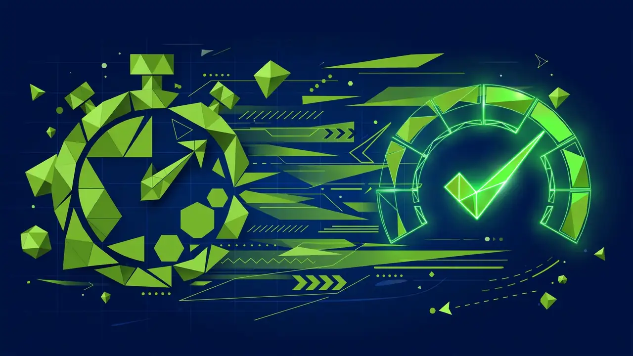 Abstract illustration of a stopwatch made of geometric shapes racing with motion lines, a checkmark gauge glowing green.