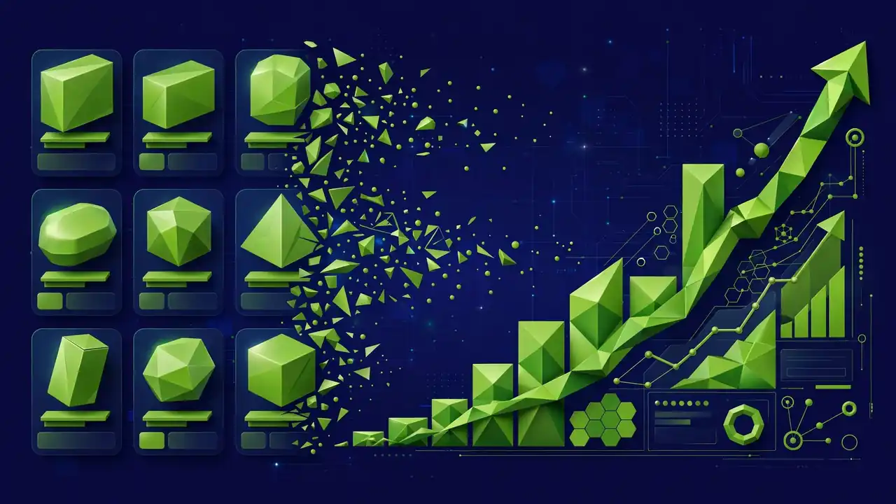 Abstract illustration of product words transforming into sales on a store page