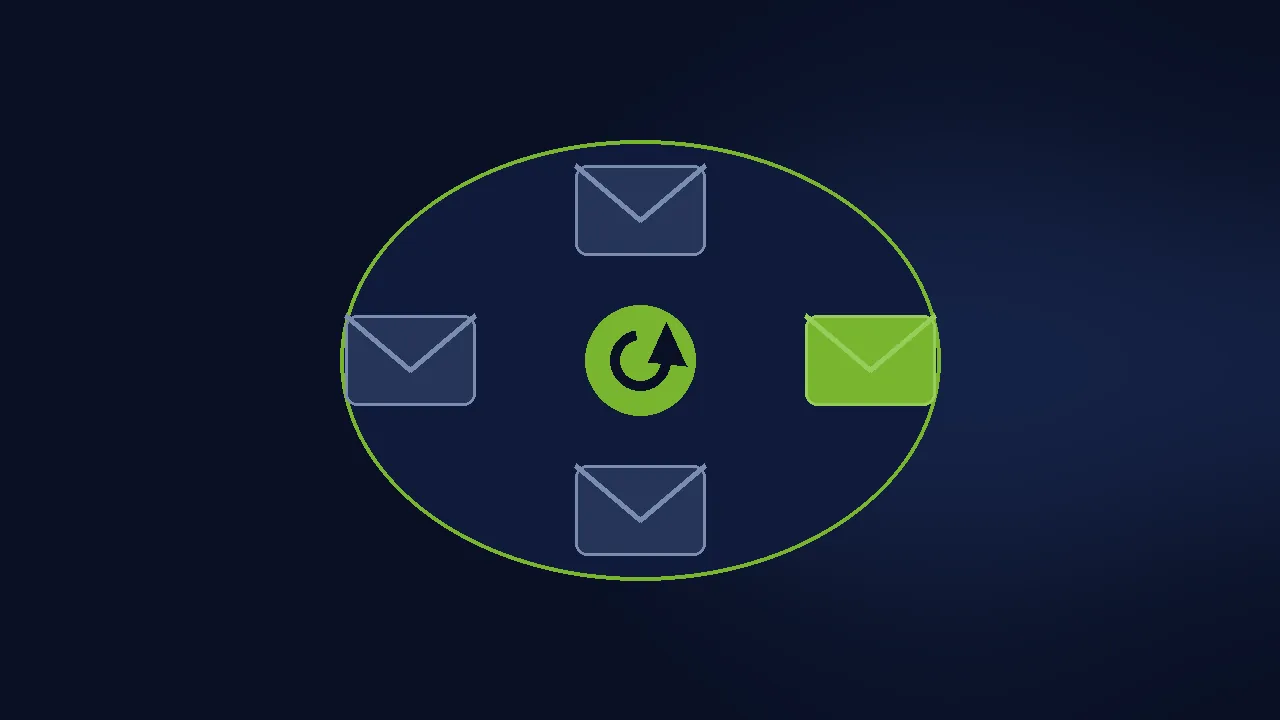 Abstract illustration of a glowing green one-click payment button radiating on a navy background.