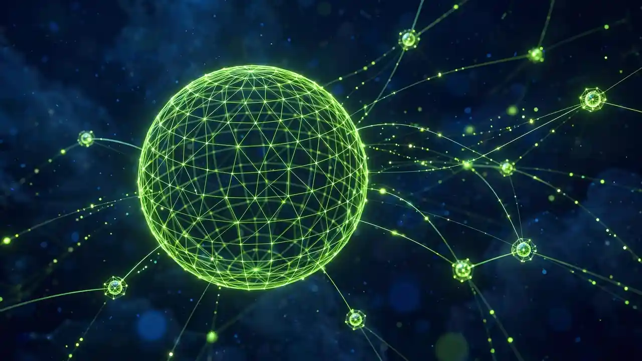 Abstract 3D illustration of stacked glowing green glass layers with light flowing through them, representing PHP processing and database query caching.
